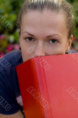 woman with red book
