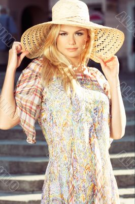 Blond Woman Wearing Sun Hat Blond Woman Wearing Sun Hat