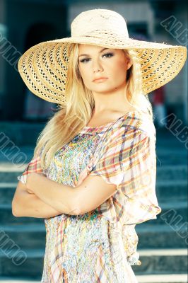Blond Woman Wearing Sun Hat