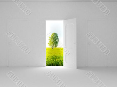 Landscape behind the open door. 3D image