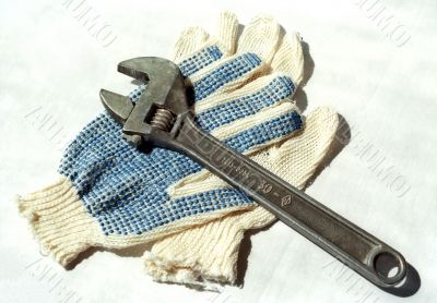 Two gloves and adjustable spanner