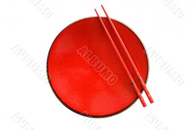 Red dish and chopsticks with oriental style