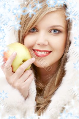 lovely blond in fur with apple
