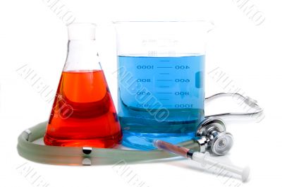 Medical Beakers Syringe and Stethoscope