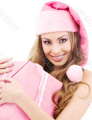 cheerful santa helper girl with gift box