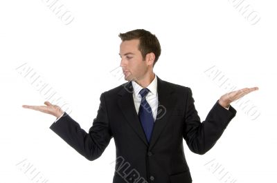 caucasian businessman with open palms