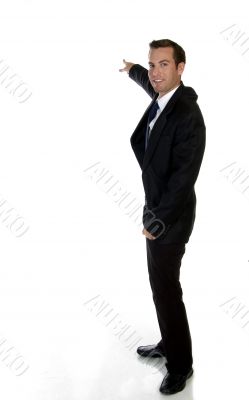 smart businessman pointing sideways