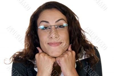 glad woman with chin over hands