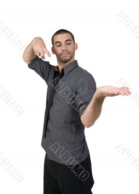 male pointing towards his palm male pointing towards his palm