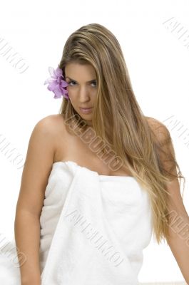posing sexy blonde woman in towel