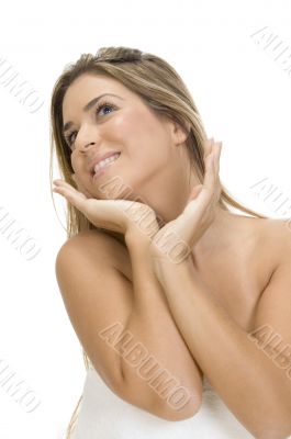 posing smiling lady looking upward