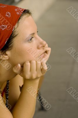 unhappy woman in red kerchief