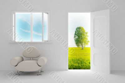 Landscape behind the open door and window. 3D image Landscape behind the open door and window. 3D image