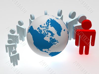 Group of people standing round globe. 3D image.