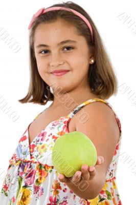 Adorable girl with flowered dress with a apple