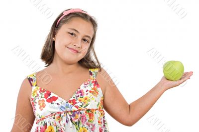 Adorable girl with flowered dress with a apple Adorable girl with flowered dress with a apple