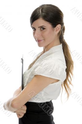 side view of lady with files