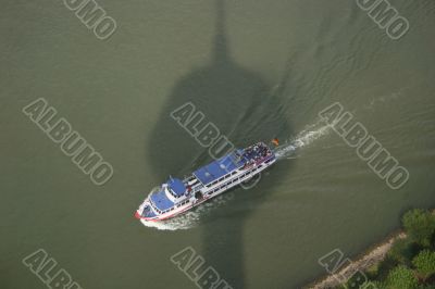 Ship and river Rhine in Düsseldorf, Germany