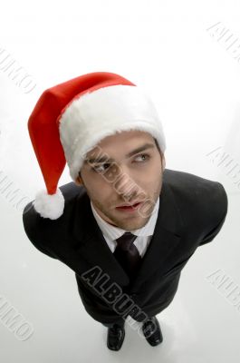 top view pose young businessman wearing santa cap