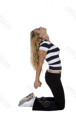 lady with clasped hands stretching her back