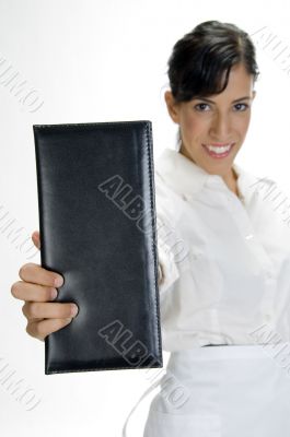 attractive waitress showing bill book