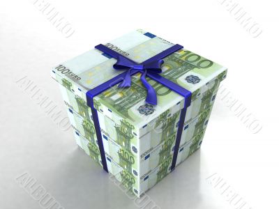 three dimensional gift wrapped in euro bills