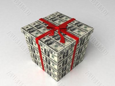 three dimensional gift wrapped in dollar bills