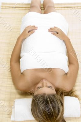 aerial view of laying blonde model