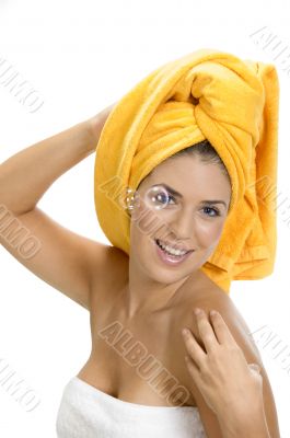 posing smiling sexy lady in towel