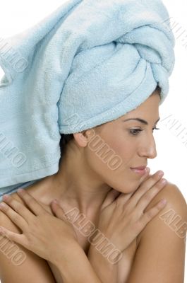 lady in towel with folded hands