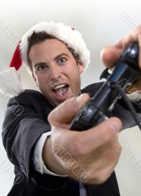 happy businessman playing video game