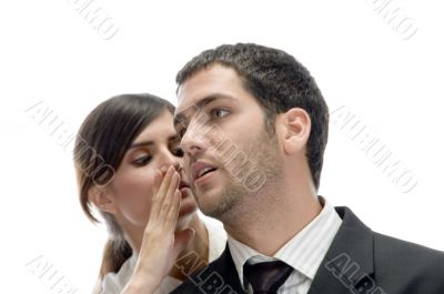 beautiful woman telling something to man