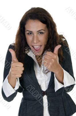 lady teasing with thumbs