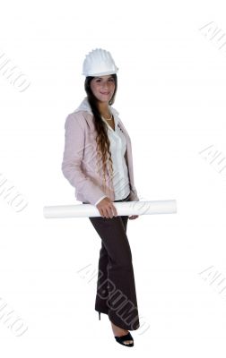 lady with helmet and blueprint