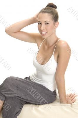 caucasian woman sitting on table