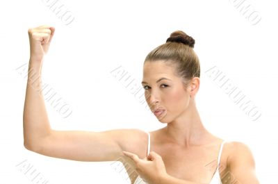 white woman pointing her muscles