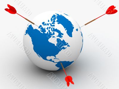 Globe and darts. 3D image. Isolated illustrations