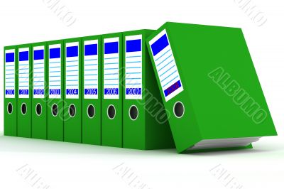 Row of green folders with documents on a white background