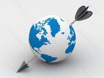 globe pierced with an arrow. 3D image.