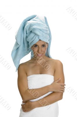 lady in towel and looking at camera