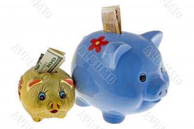 Piggy bank with dollar and euro