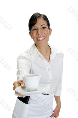 smiling waitress serving coffee