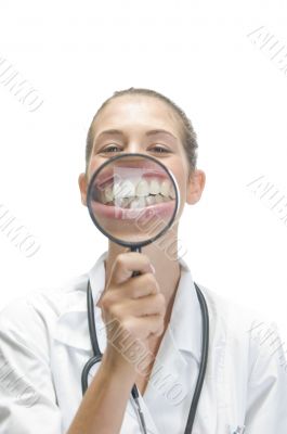 lady doctor with magnifier teeth