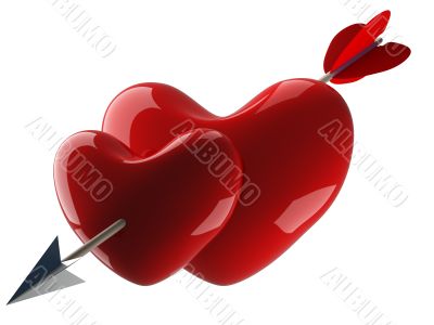 Two hearts pierced by an arrow. 3D image. Two hearts pierced by an arrow. 3D image.