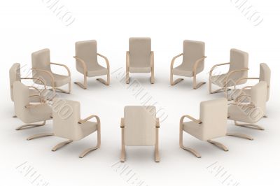 Twelve armchairs standing around. 3D image Twelve armchairs standing around. 3D image