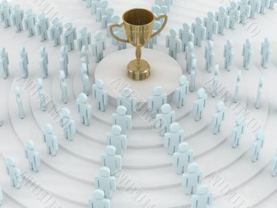 Group of people standing round cup. 3D image.