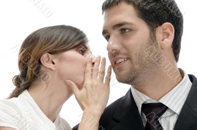 beautiful woman telling something to man