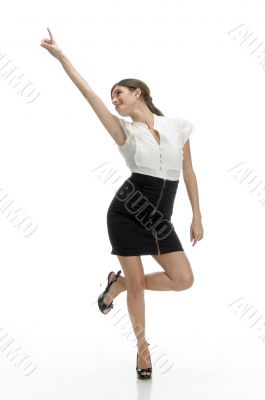 posing lady indicating upside