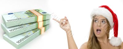 bundles of euro money and woman with santa