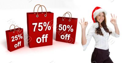 shopping bags and woman with santa hat